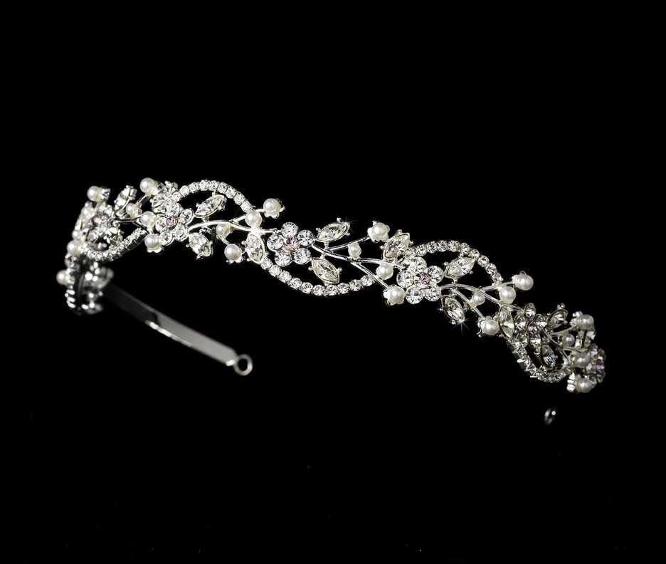 Silver Lilac Rhinestone Crystal Floral Tiara Headband