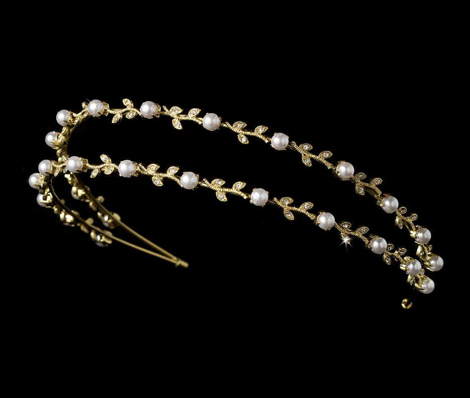 Gold Crystal Pearl Double Vine Headband Tiara