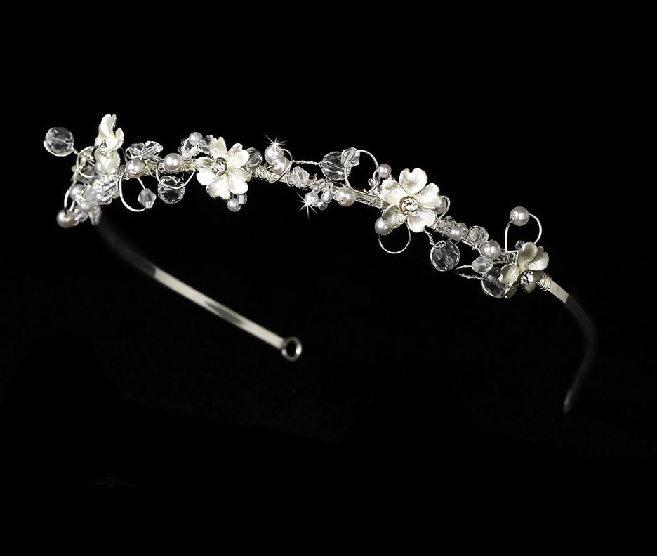 Silver Swarovski Crystal Pearl Flower Tiara Headband