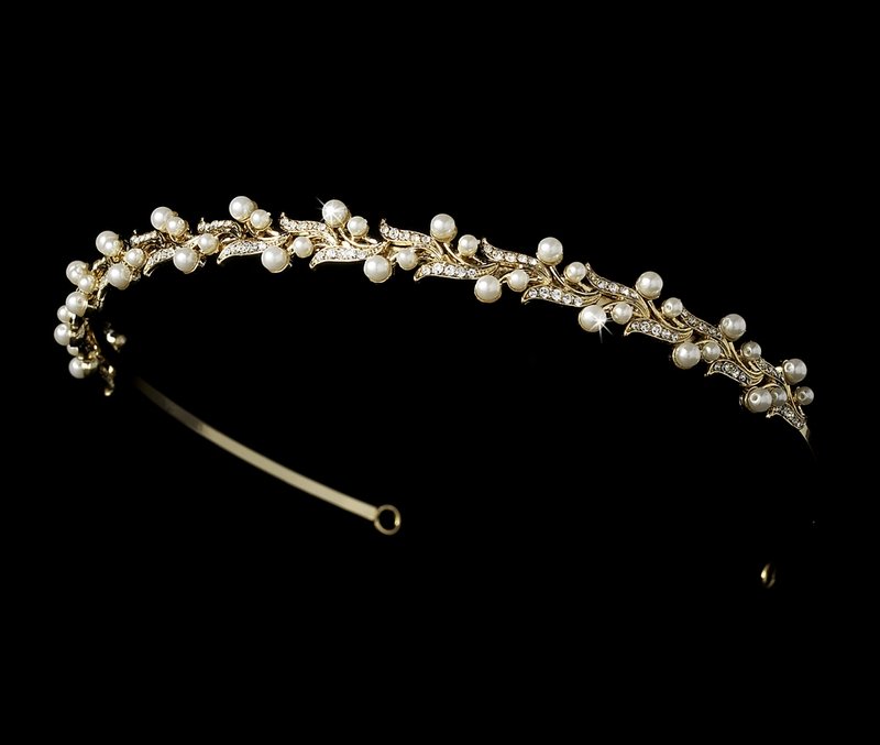 Gold Rhinestone Crystal Ivory Pearl Lily Tiara Headband