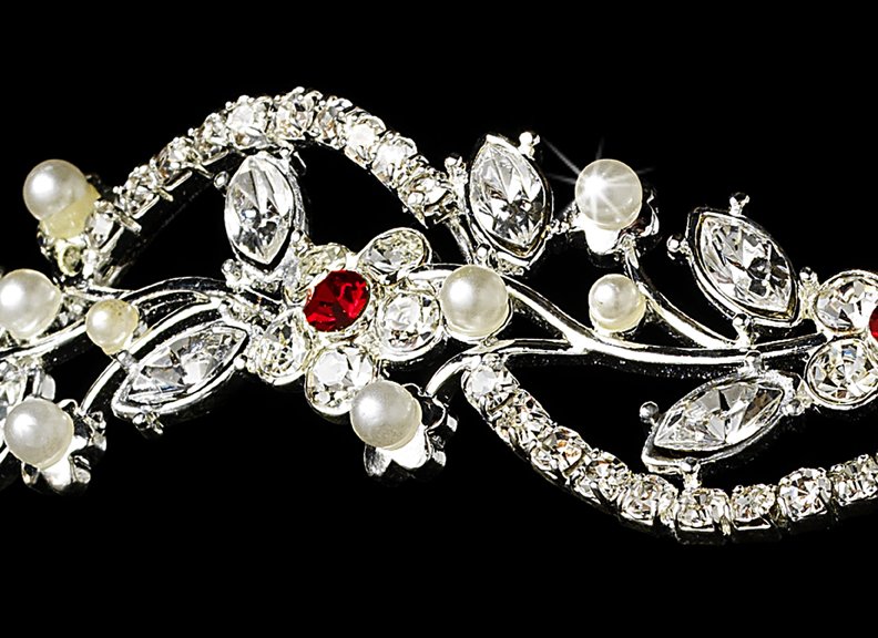 Silver Red Rhinestone Crystal Floral Tiara Headband