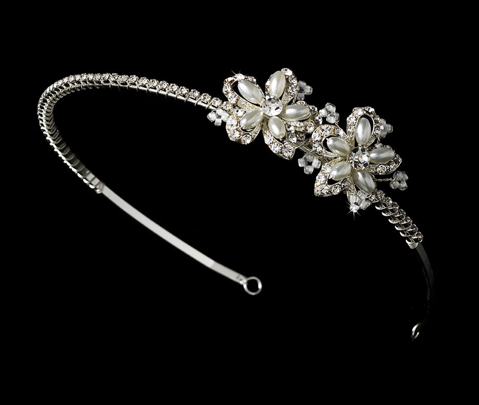 Silver Rhinestone Pearl Flower Bridal Tiara Headband