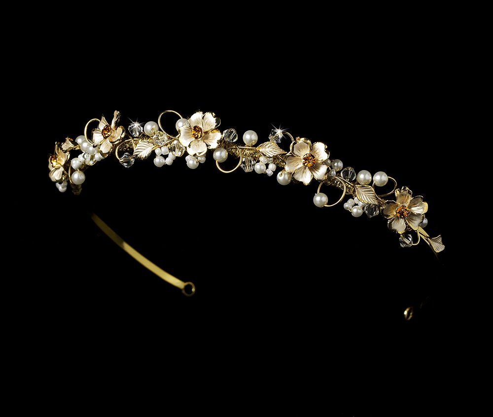 Gold Swarovski Crystal Pearl Flower Tiara Headband