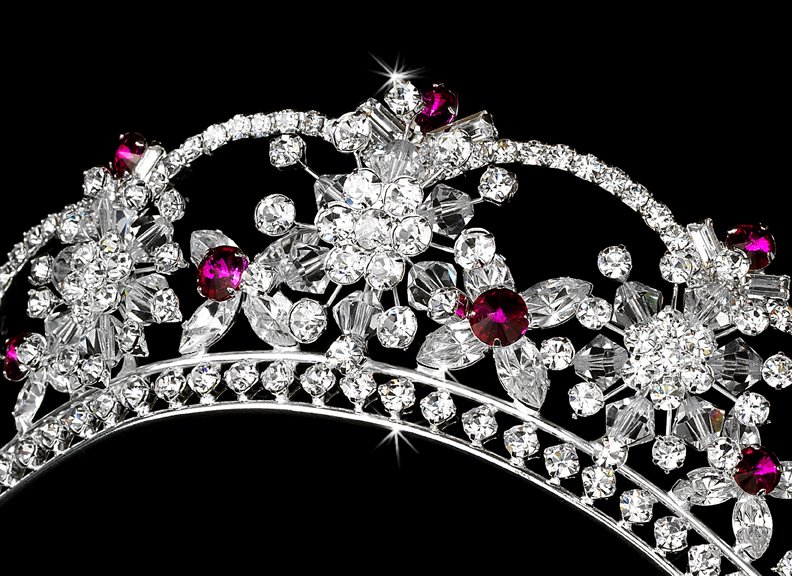 Silver Fuchsia Swarovski Crystal Flower Bridal Tiara