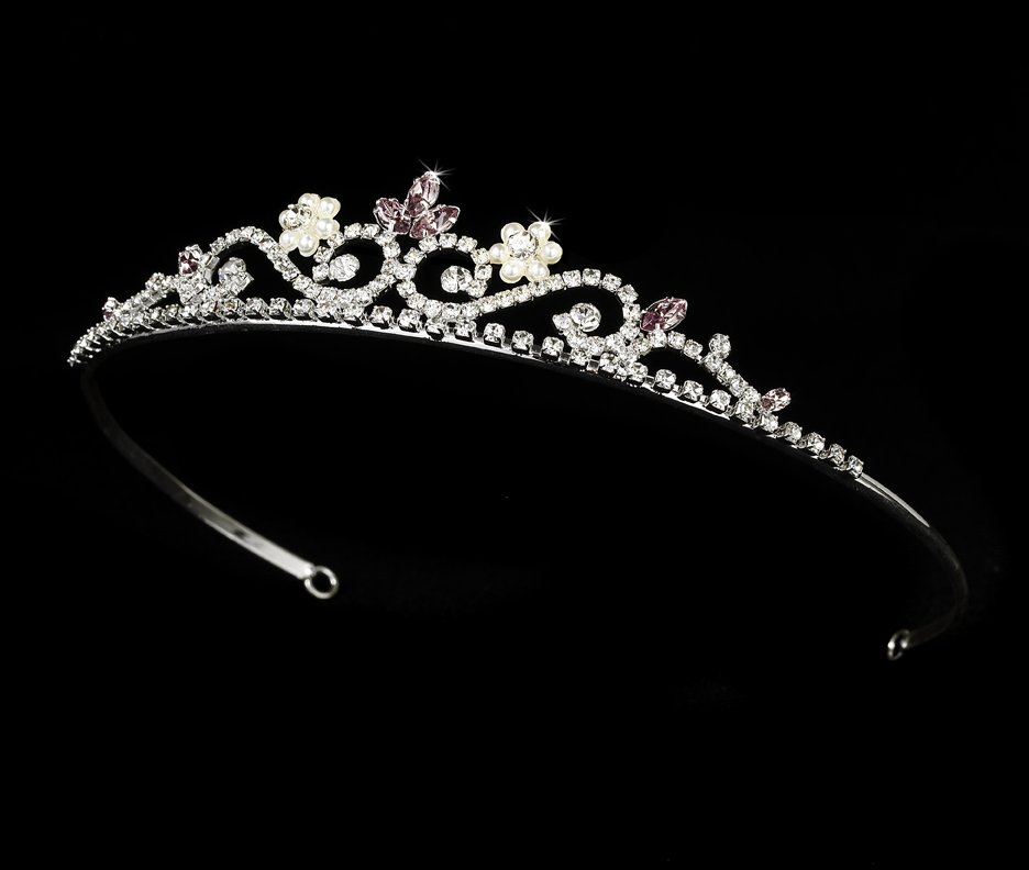 Silver Lilac Crystal Pearl Floral Bridal Tiara