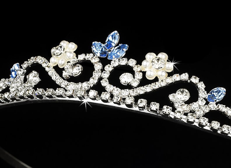 Silver Blue Crystal Pearl Floral Bridal Tiara