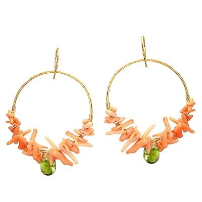 14K Gold Filled Pink Coral Idocrase Hoop Earrings