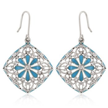 Rhodium Blue Enamel CZ Drop Earrings