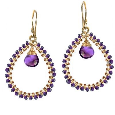 925 Sterling Silver Amethyst Wrapped Hoop Earrings