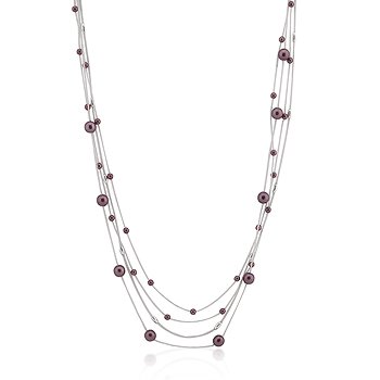 Rhodium Brown Red Bead Multi-Chain Necklace