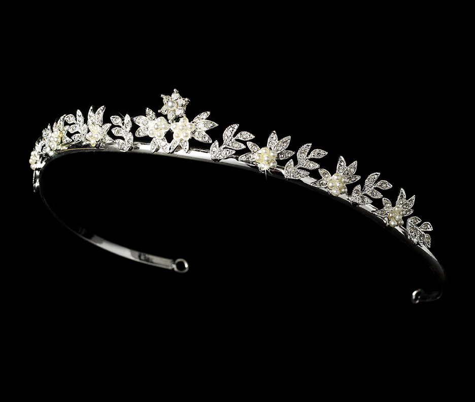 Silver White Pearl Crystal Flower Bridal Tiara