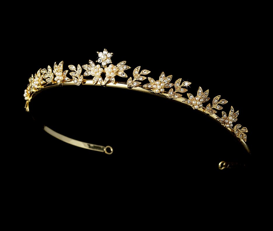 Gold Ivory Pearl Crystal Flower Bridal Tiara