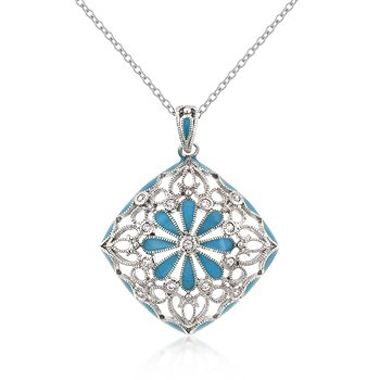 Rhodium Necklace Blue Floral CZ Pendant
