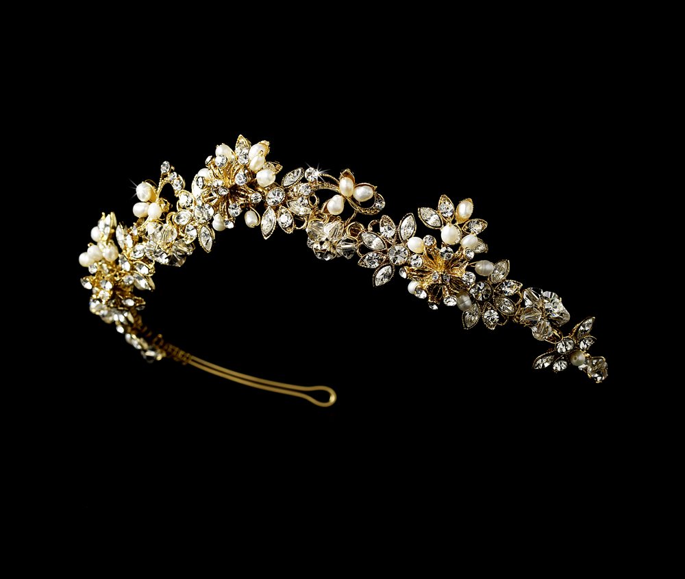 Gold Swarovski Crystal Pearl Floral Bridal Tiara