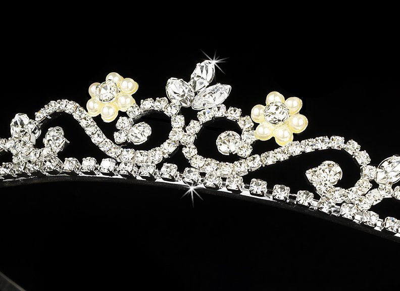 Silver Clear Crystal Pearl Floral Bridal Tiara
