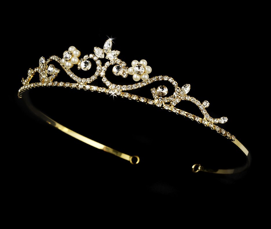 Gold Clear Crystal Pearl Floral Bridal Tiara