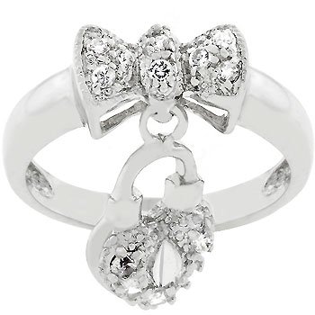 NEW White Gold Silver Ribbon Bow Dangling Heart Ring