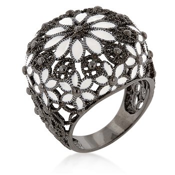 Antique Style Floral White Enamel Cocktail Ring