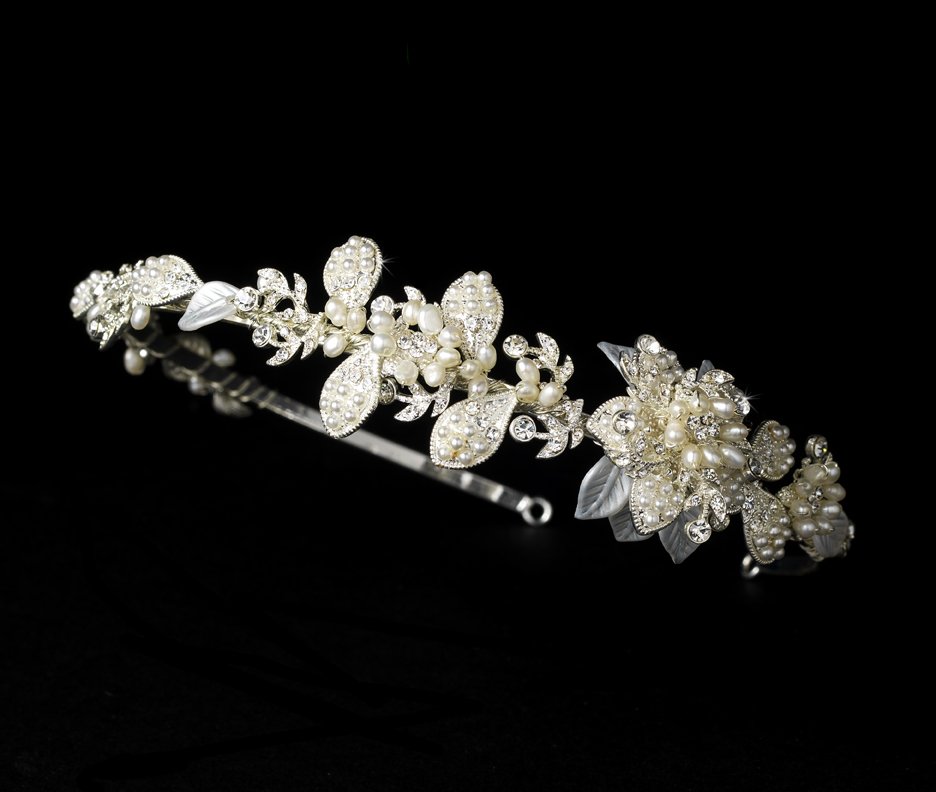 Silver Crystal White Pearl Floral Bridal Headband Tiara