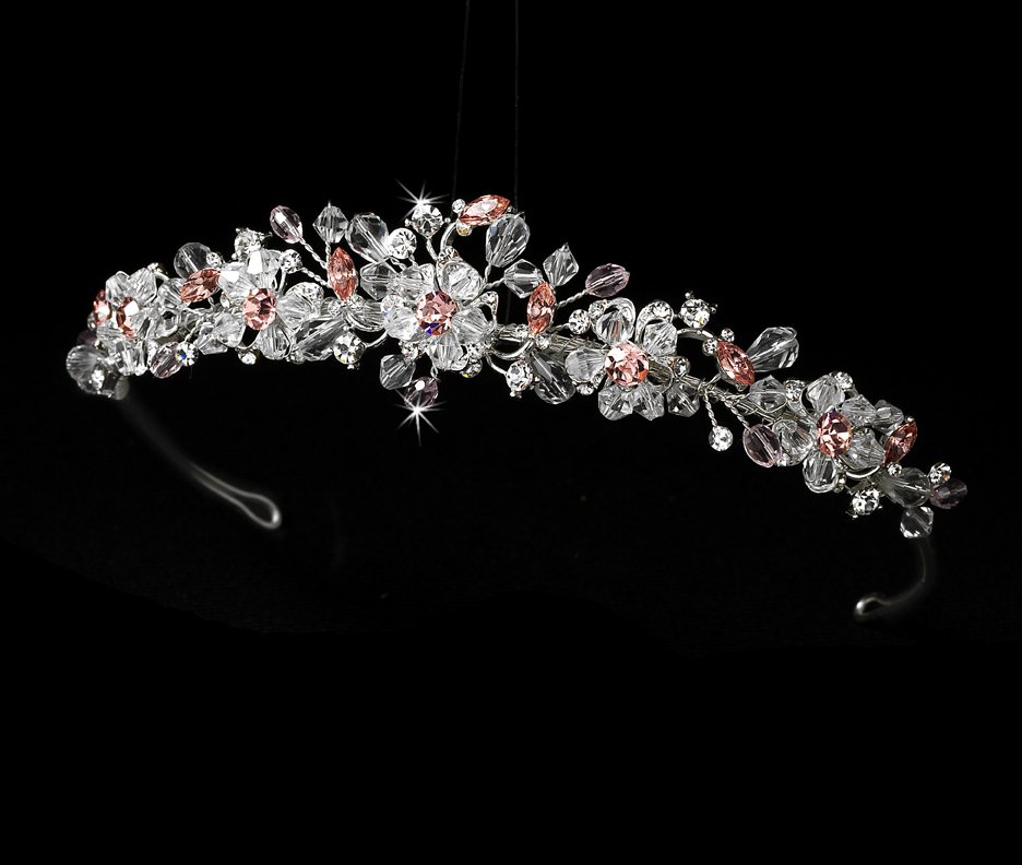 Silver Pink Swarovski Crystal Bridal Tiara Headband