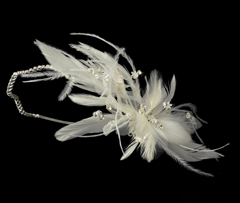 Bridal Ivory Feather Silver Rhinestone Headband Tiara