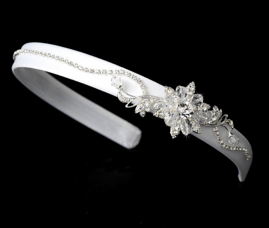 Silver Swarovski Crystal Floral White Satin Headband