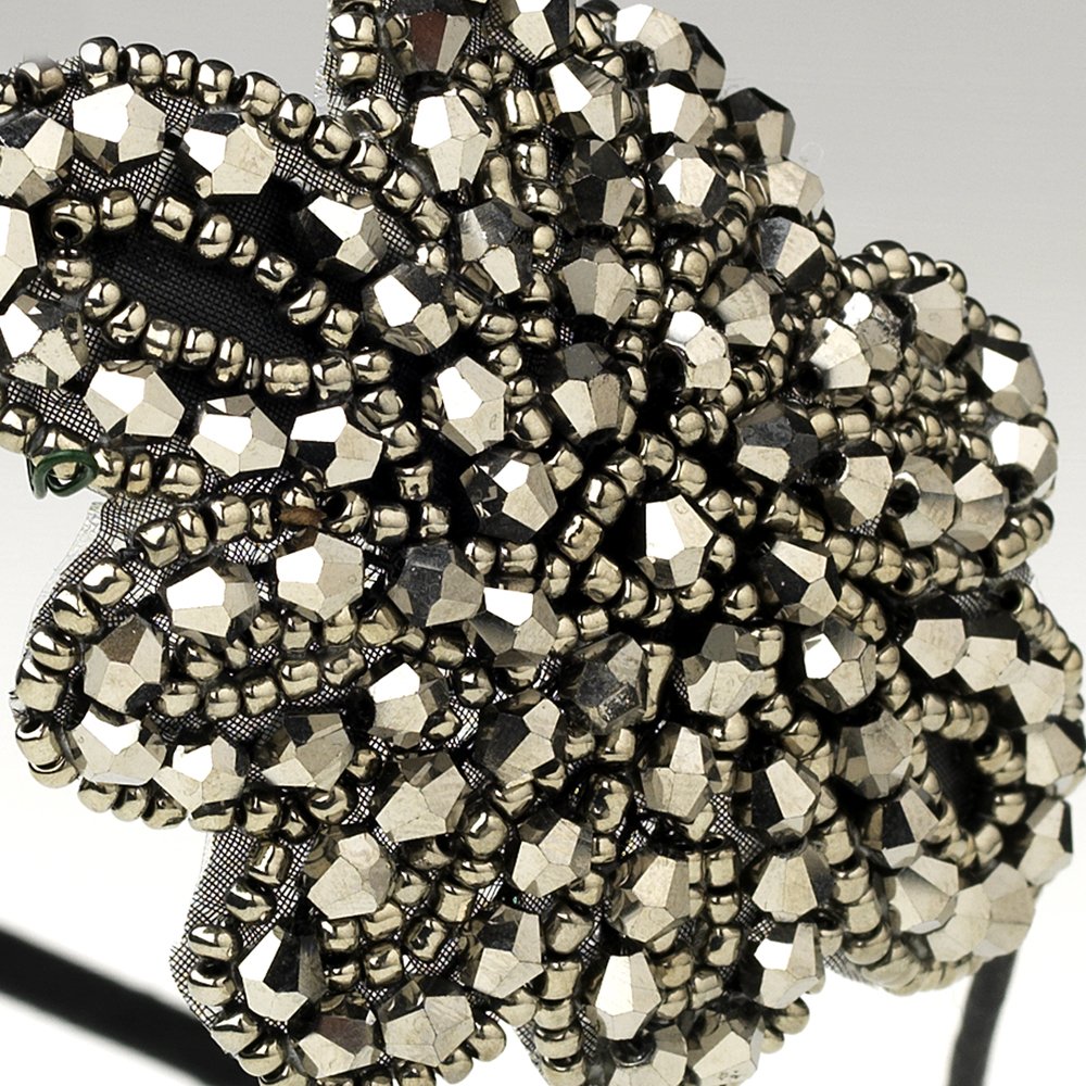 Rhodium Silver Bead Side Accented Black Headband