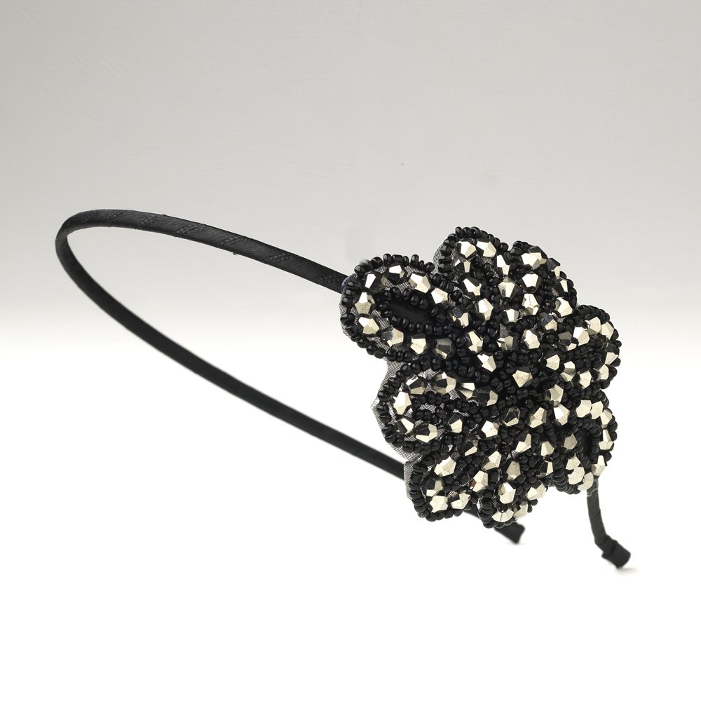 Rhodium Black Silver Bead Black Headband