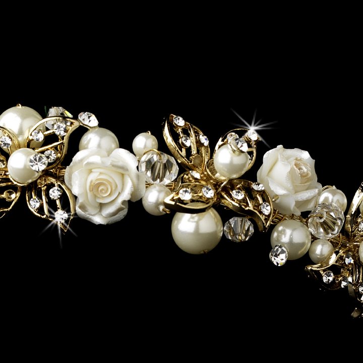 Gold Ivory Pearl Rhinestone Rose Tiara Headband