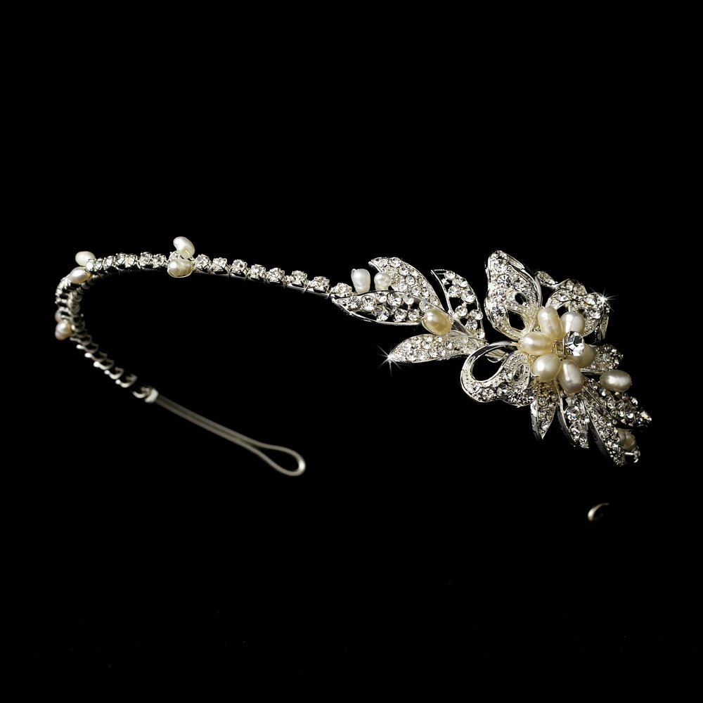 Silver Clear Rhinestone Ivory Pearl Headband Tiara