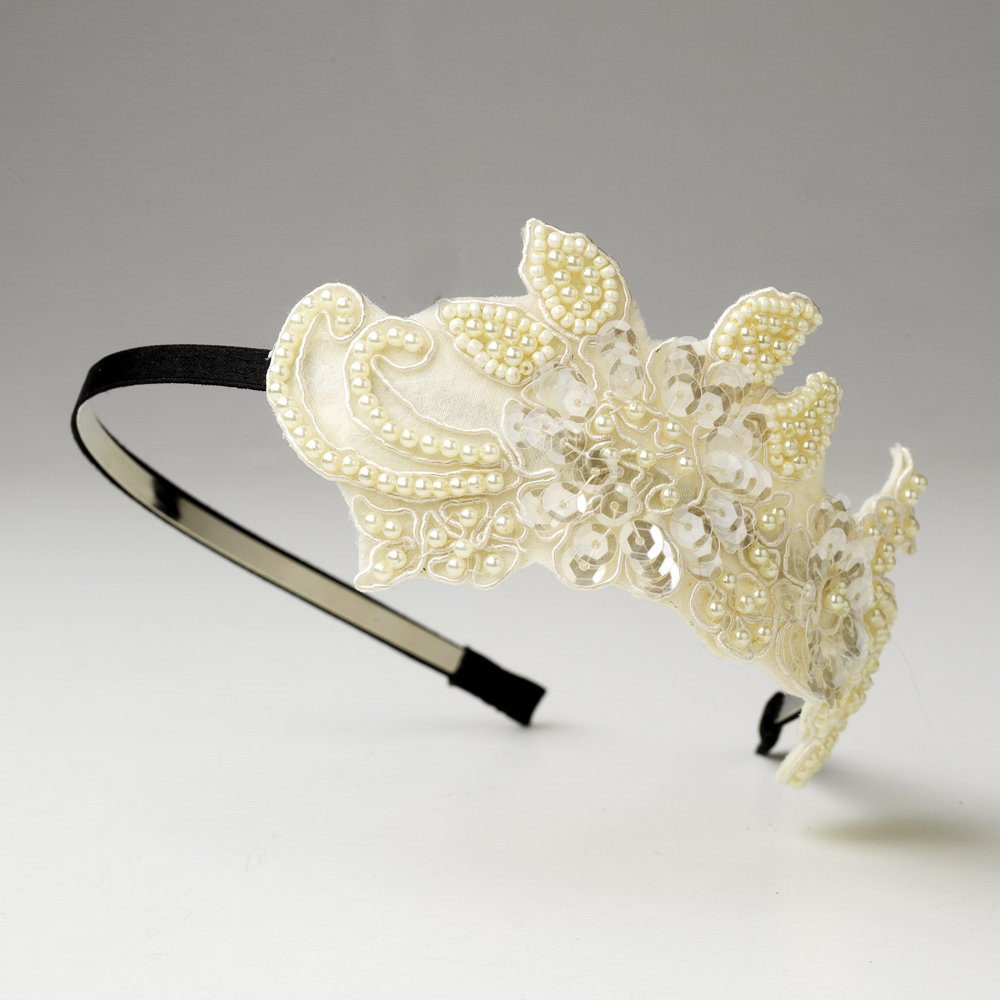 Ivory White Sequin Pearl Flower Black Headband