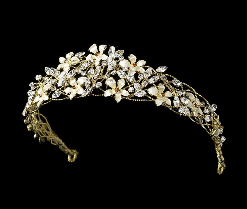 Gold Ivory Floral Rhinestone Crystal Tiara Headband