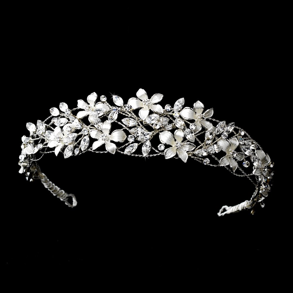 Silver White Floral Rhinestone Crystal Tiara Headband