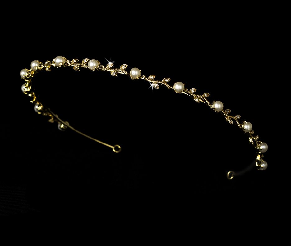 Gold Rhinestone Ivory Pearl Floral Headband Tiara