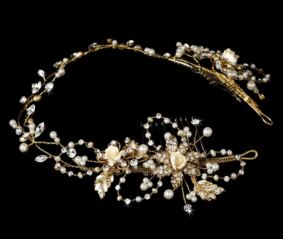 Gold Elegant Crystal Floral Bridal Headband Tiara