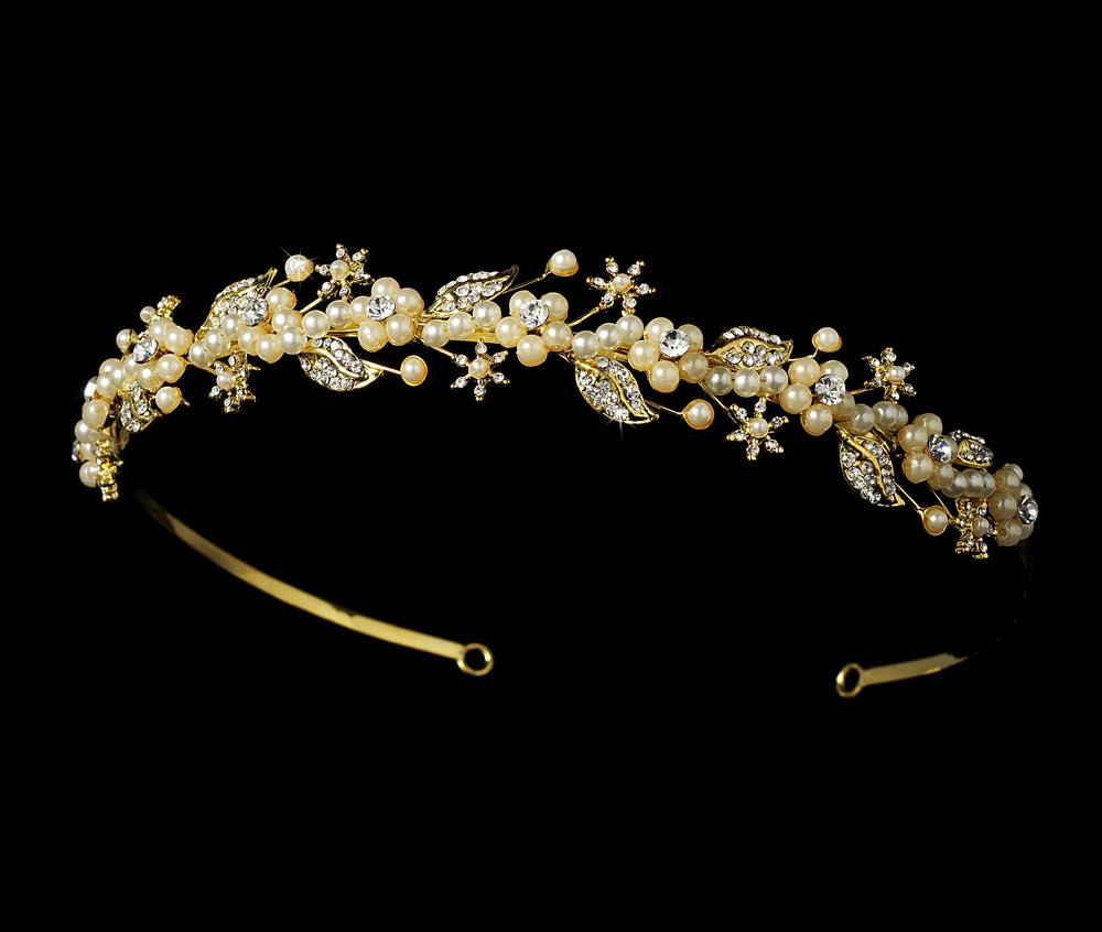 Gold Ivory Pearl Rhinestone Bridal Headband Tiara