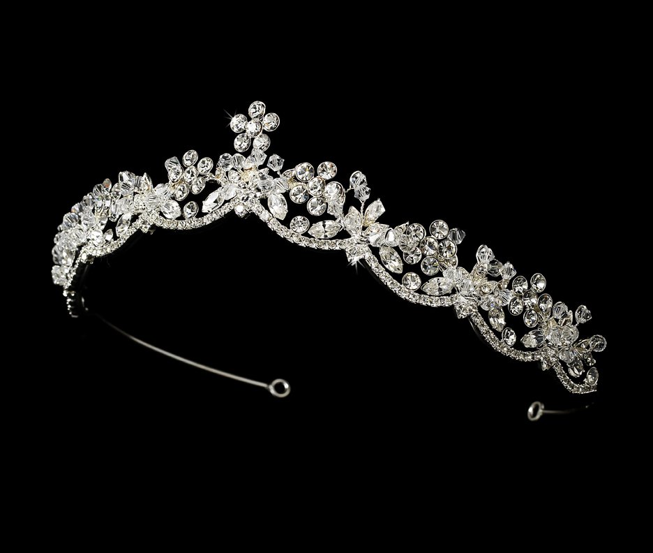Silver Rhinestone Crystal Flower Tiara Headband