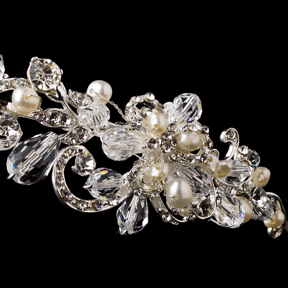 Silver Clear Crystal Pearl Bridal Headband Tiara