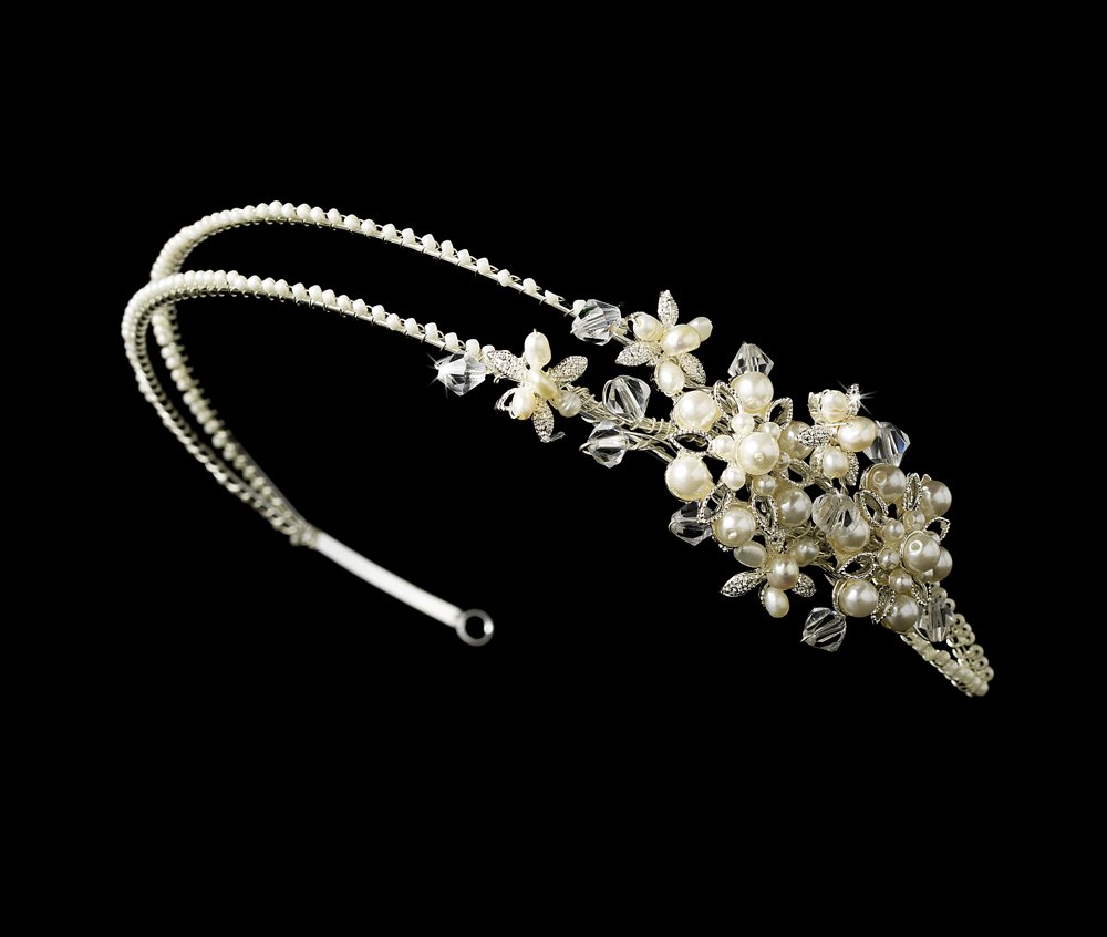 Silver Swarovski Crystal Pearl Floral Headband Tiara