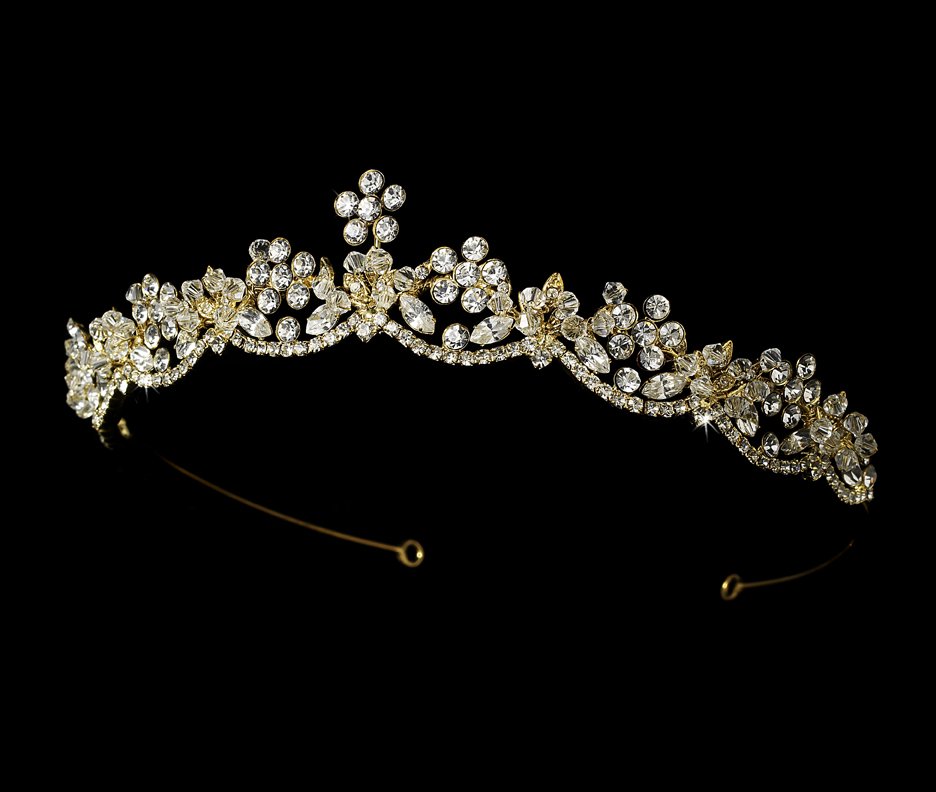 Gold Rhinestone Crystal Flower Tiara Headband