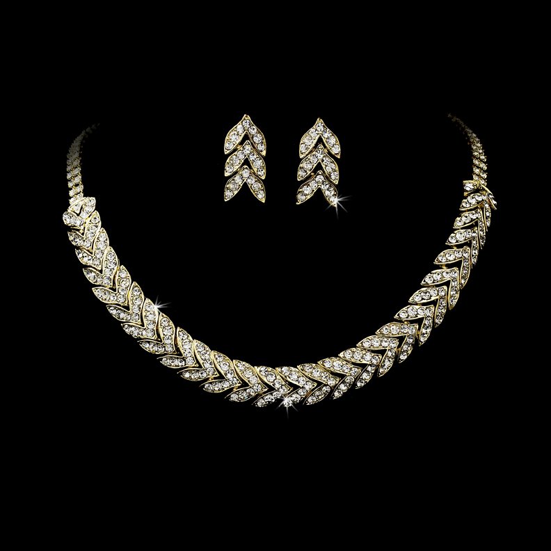 Gold Clear Rhinestone Choker Necklace Earring Set