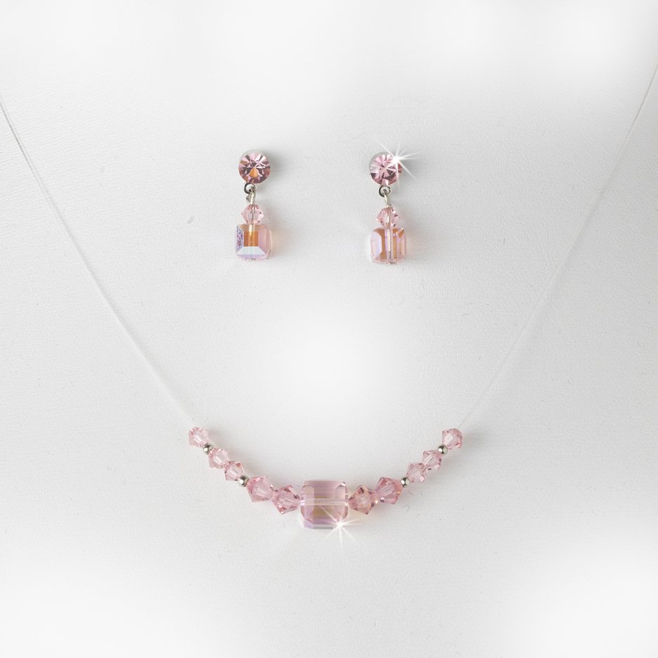 Pink Swarovski Crystal String Necklace Earring Set