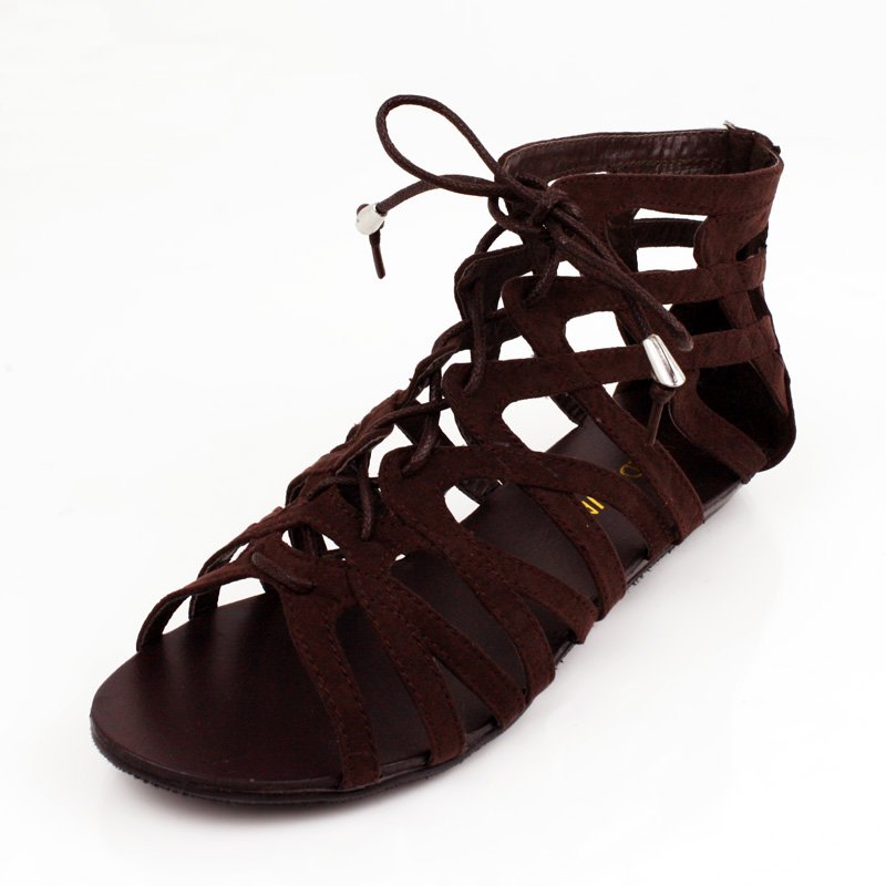Brown Suede Lace up Cage Sandals Flat Womens Shoes