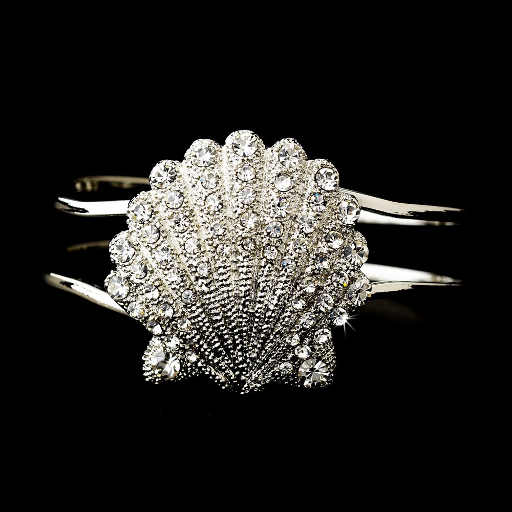 Silver Rhinestone Crystal Shell Cuff Bracelet
