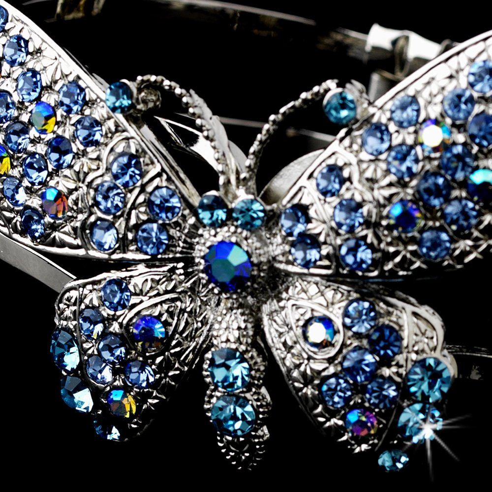 Silver Blue Aqua Rhinestone Butterfly Cuff Bracelet