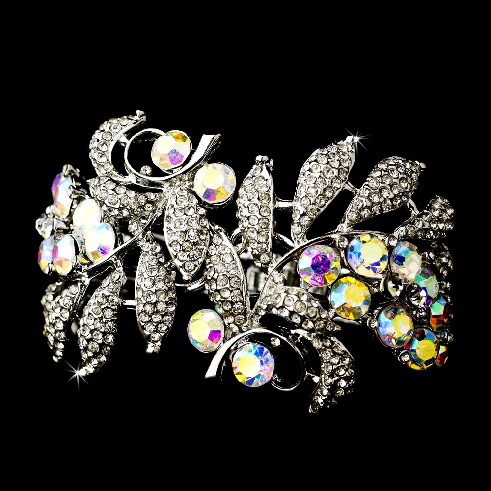 Silver AB Clear Rhinestone Crystal Floral Cuff Bracelet