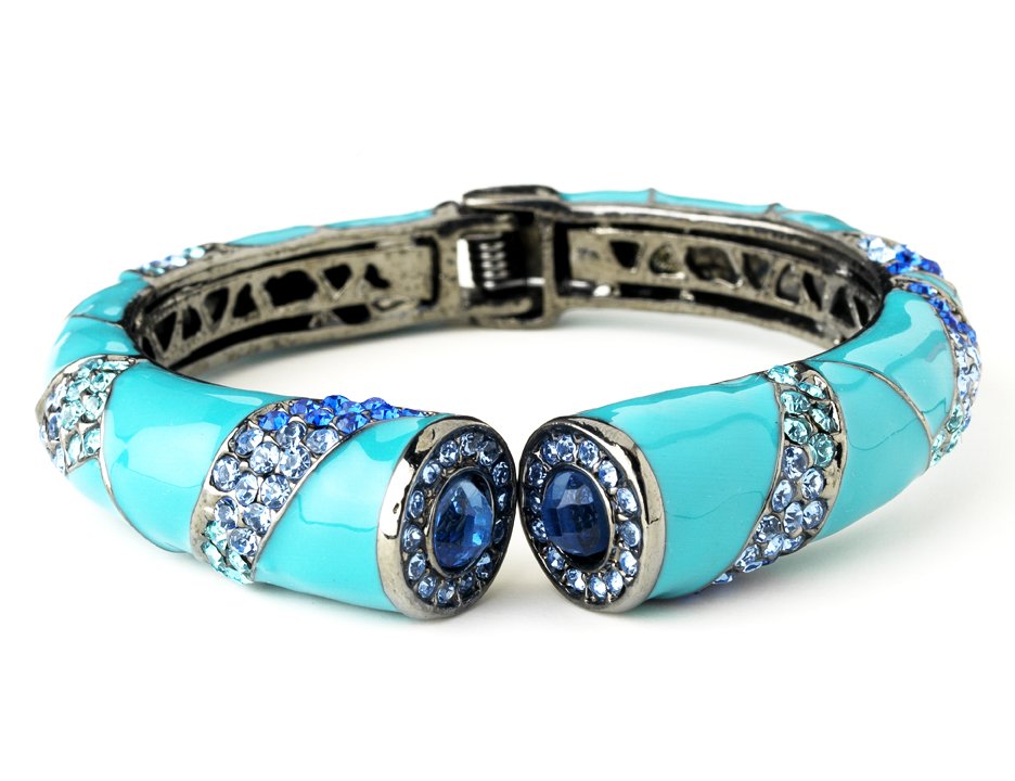 Silver Aqua Enamel Blue Crystal Cuff Bracelet