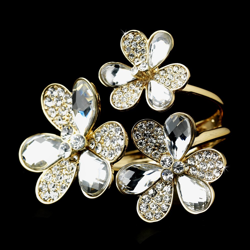 Gold Clear Austrian Crystal Flowers Cuff Bracelet