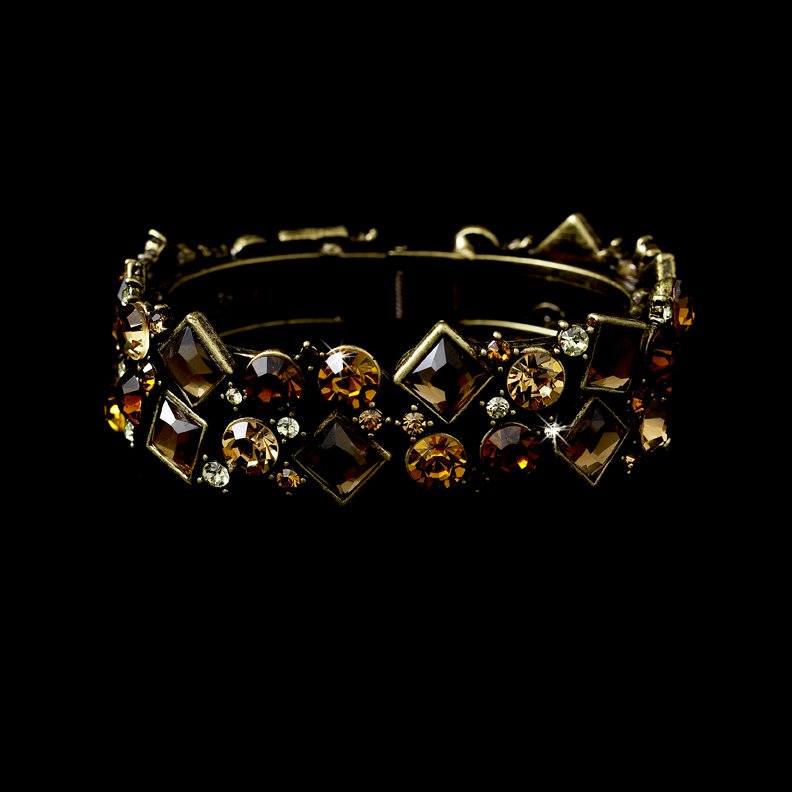 Gold Brown Rhinestone Crystal Cuff Bridal Bracelet
