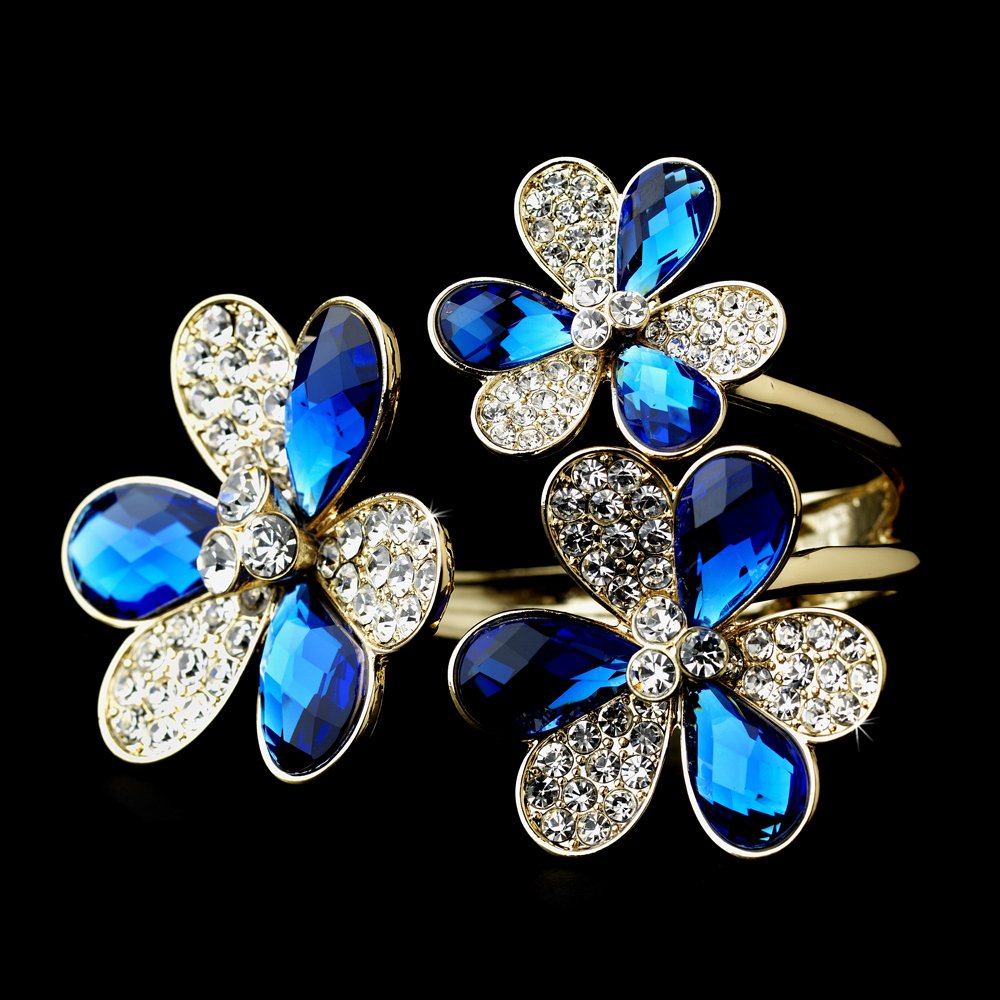 Gold Blue Clear Austrian Crystal Flowers Cuff Bracelet